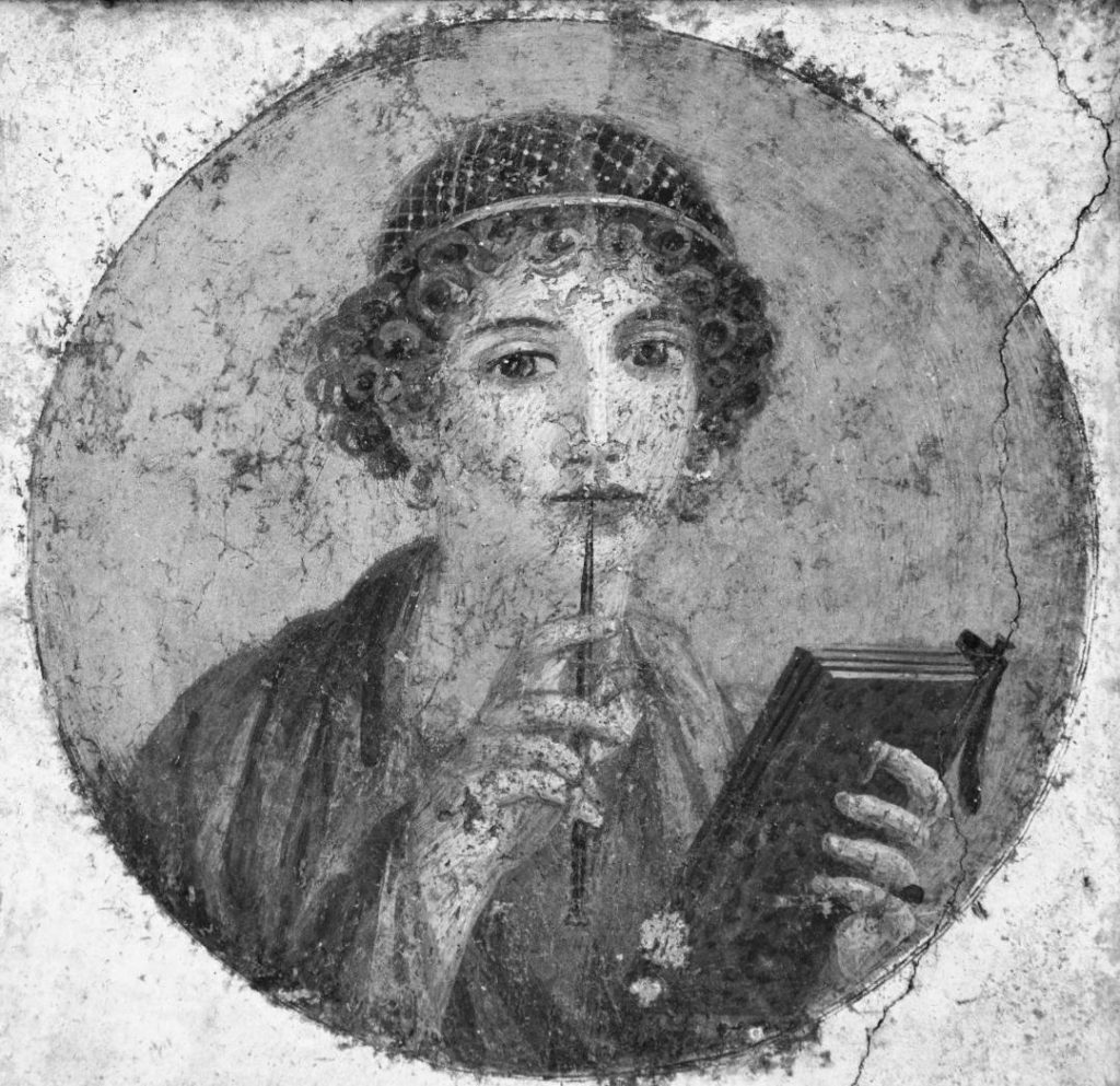 Tondo con affresco romano, del 50 circa, di donna con libro e stilo (cosiddetta "Saffo") proveniente da Pompei (Napoli, Museo archeologico nazionale) - Perché scrivere di sé